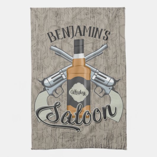 名前をカスタムするカウボーイリボルバーガンウィスキーサロン キッチンタオル (縦)