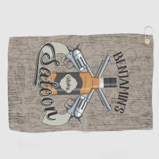 名前をカスタムするカウボーイリボルバーガンウィスキーサロン ゴルフタオル (横)