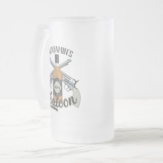 名前をカスタムするカウボーイリボルバーガンウィスキーサロン フロストグラスビールジョッキ (正面左)