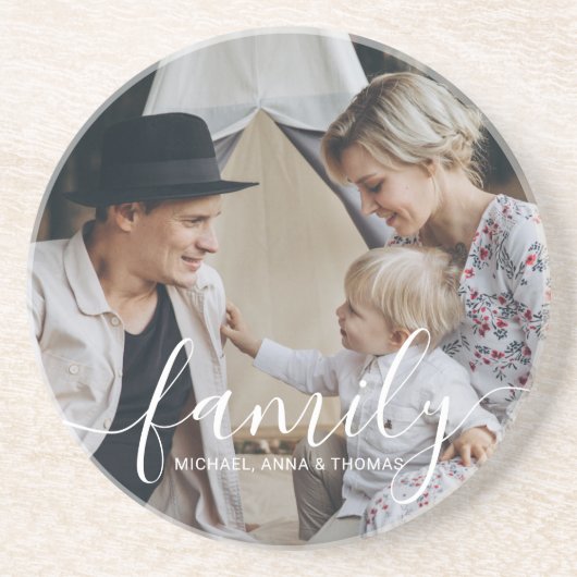 名前をカスタムするカスタム付き家族写真 コースター (正面)
