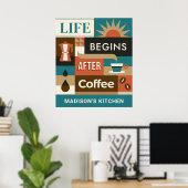 名前をカスタムするカラフルコーヒー引用文 ポスター (ホームオフィス)