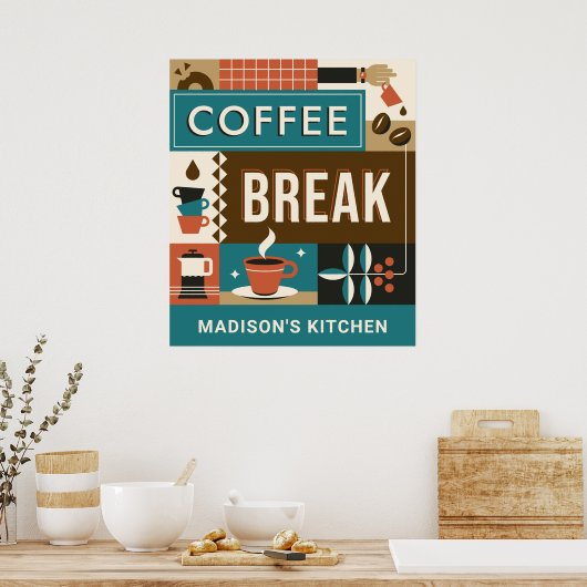 名前をカスタムするカラフルコーヒー引用文 ポスター (キッチン)