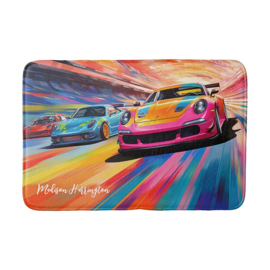名前をカスタムするカラフルスポーツカ バスマット (正面)