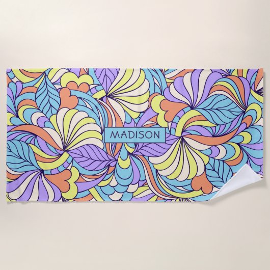 名前をカスタムするカラフルドードルビーチタオル ビーチタオル (正面)