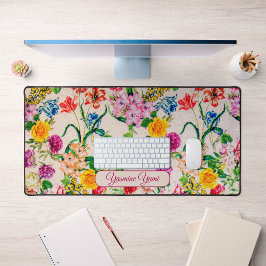 名前をカスタムするカラフルフラワーフェミニンスクリプト デスクマット