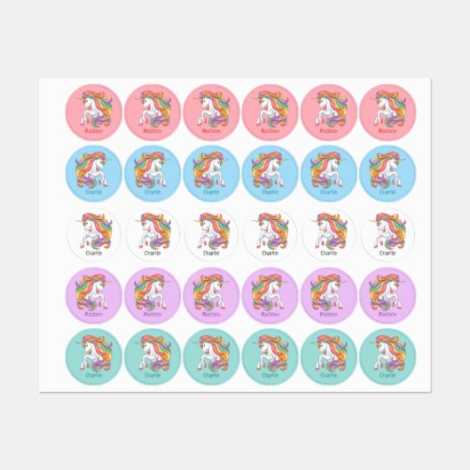 名前をカスタムするカラフルユニコーン ラベル (シート)