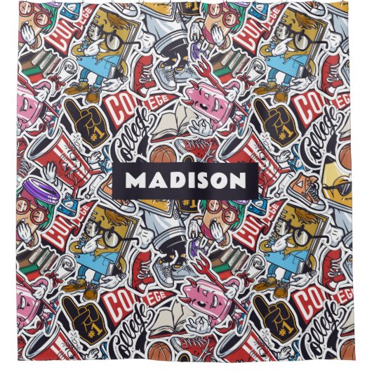 名前をカスタムするカレッジ漫画パターン シャワーカーテン (正面)