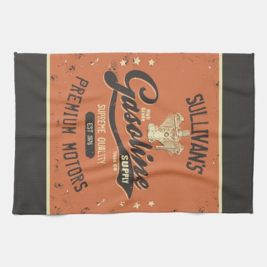名前をカスタムするガソリンモータレトロ整備士車庫 キッチンタオル (横)