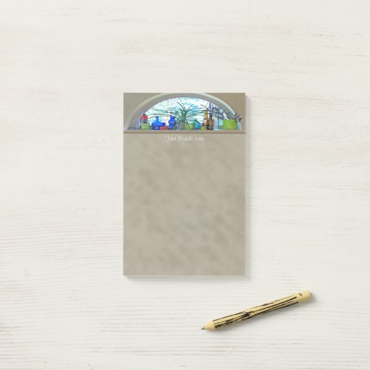 名前をカスタムするガラスボトル植物ウィンドウの水色 ポストイット (デスク上)