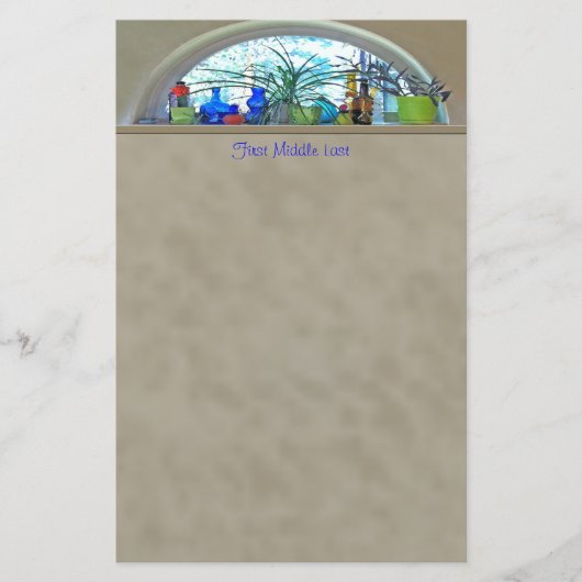 名前をカスタムするガラスボトル植物ウィンドウの水色 便箋 (正面)