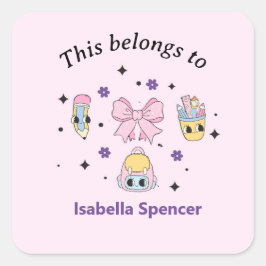 名前をカスタムするガールかわいいピンク スクエアシール