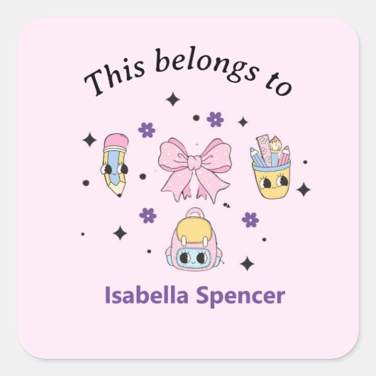 名前をカスタムするガールかわいいピンク スクエアシール (正面)