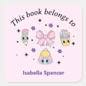 名前をカスタムするガールかわいい本はピンクに属している スクエアシール (正面)