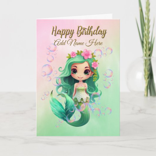 名前をカスタムするガールズマーメイド誕生日カード カード (正面)