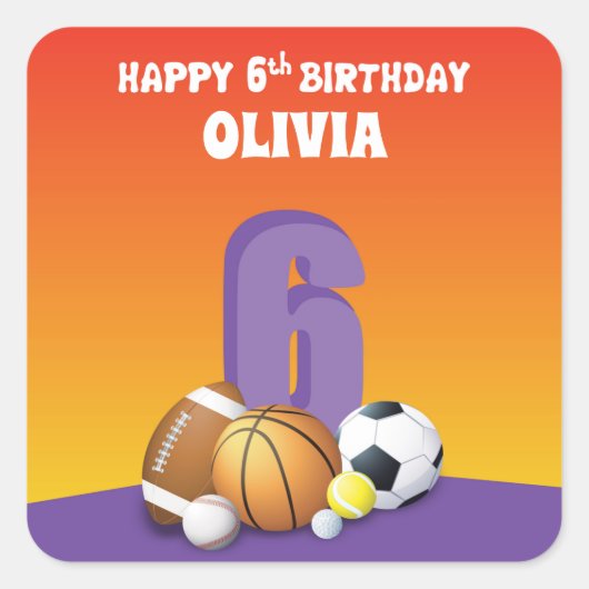 名前をカスタムするガール第6誕生日スポーツボール スクエアシール (正面)