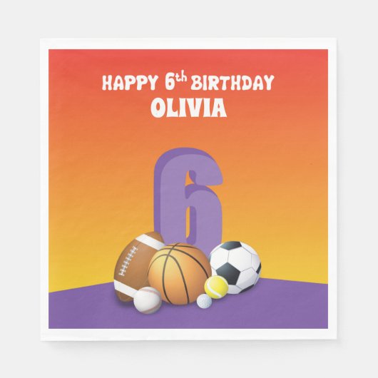 名前をカスタムするガール第6誕生日スポーツボール スタンダードランチョンナプキン (正面)
