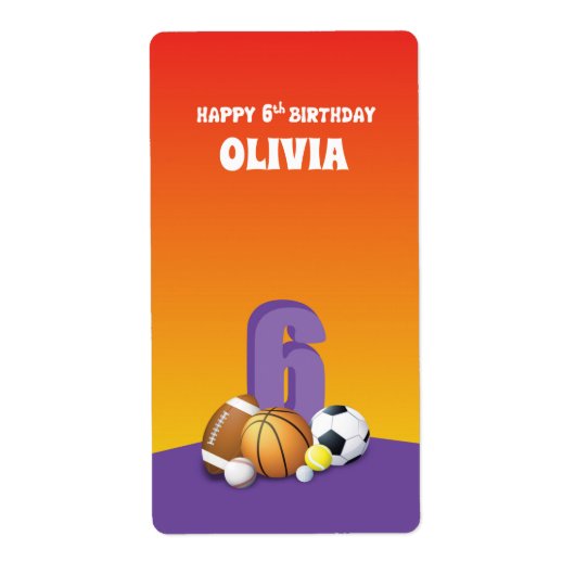 名前をカスタムするガール第6誕生日スポーツボール ラベル (正面)