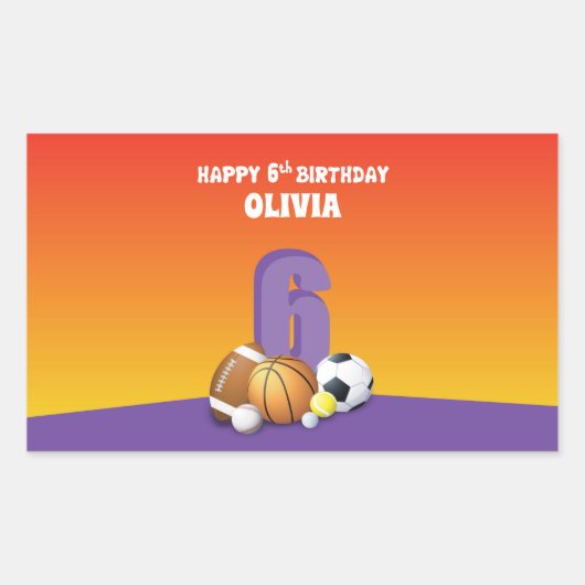 名前をカスタムするガール第6誕生日スポーツボール 長方形シール (正面)