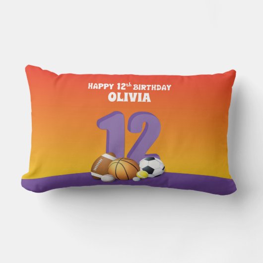 名前をカスタムするガール12誕生日スポーツボール ランバークッション (正面)
