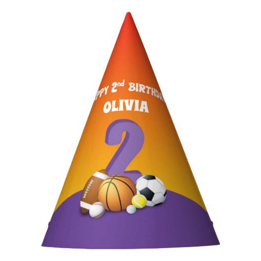 名前をカスタムするガール2ndバースデースポーツボール パーティーハット (正面)