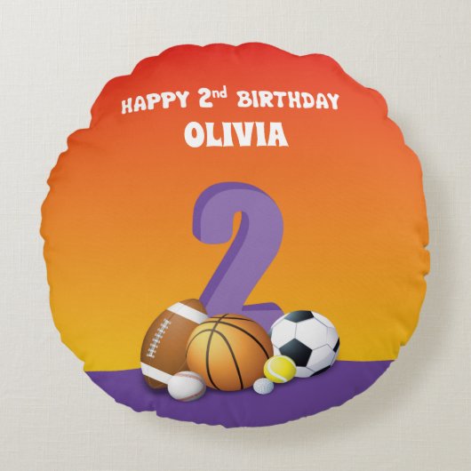 名前をカスタムするガール2ndバースデースポーツボール ラウンドクッション (正面)
