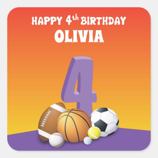 名前をカスタムするガール4thバースデースポーツボール スクエアシール (正面)
