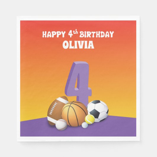 名前をカスタムするガール4thバースデースポーツボール スタンダードランチョンナプキン (正面)