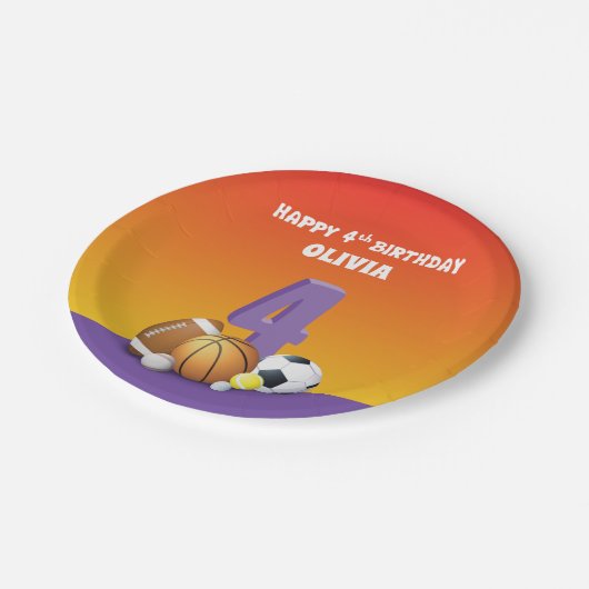 名前をカスタムするガール4thバースデースポーツボール ペーパープレート (アングル)