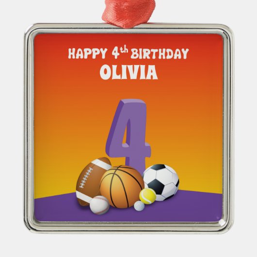 名前をカスタムするガール4thバースデースポーツボール メタルオーナメント (正面)