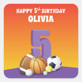 名前をカスタムするガール5th誕生日スポーツボール スクエアシール