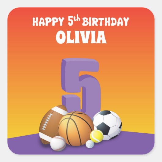 名前をカスタムするガール5th誕生日スポーツボール スクエアシール (正面)