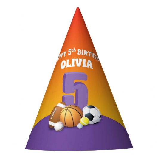 名前をカスタムするガール5th誕生日スポーツボール パーティーハット (正面)