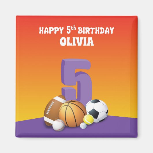 名前をカスタムするガール5th誕生日スポーツボール マグネット (正面)
