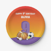 名前をカスタムするガール9th誕生日スポーツボール ペーパープレート (正面)