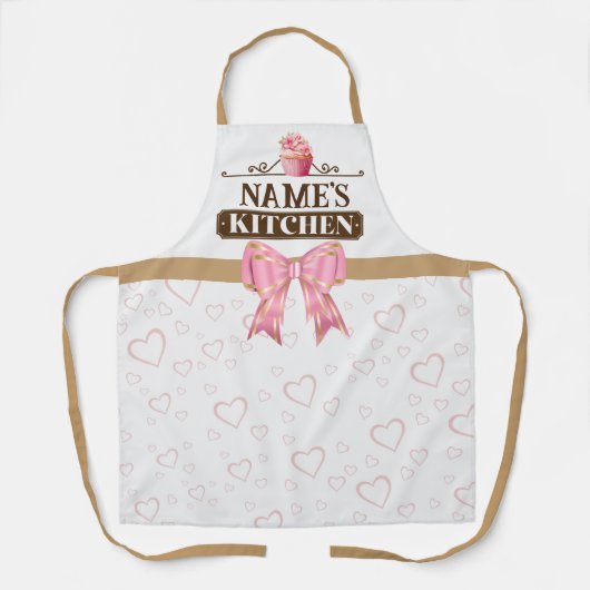 名前をカスタムするキッチンと水彩桃色カップケーキ エプロン (正面)