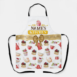 名前をカスタムするキッチンと水彩桃色カップケーキ エプロン