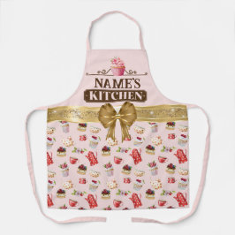 名前をカスタムするキッチンと水彩桃色カップケーキ エプロン