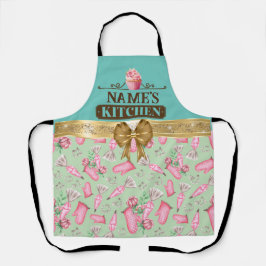 名前をカスタムするキッチンと水彩桃色カップケーキ エプロン