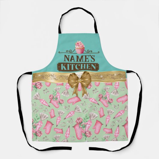 名前をカスタムするキッチンと水彩桃色カップケーキ エプロン (正面)