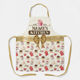 名前をカスタムするキッチンと水彩桃色カップケーキ エプロン