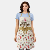 名前をカスタムするキッチンと水彩桃色カップケーキ エプロン (着用した状態)