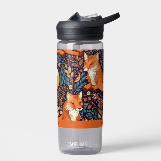 名前をカスタムするキツネとリーフパターン ウォーターボトル (左面)