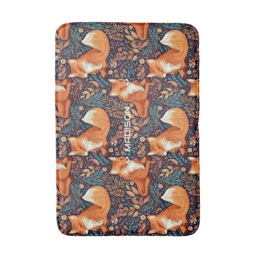 名前をカスタムするキツネとリーフパターン バスマット (正面縦)