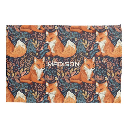 名前をカスタムするキツネとリーフパターン 枕カバー (裏面)