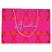 名前をカスタムするキュートガーリーオレンジ&ピンク ラージペーパーバッグ (裏面)