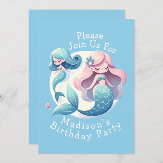 名前をカスタムするキュートマーメイドテーママジカル誕生日 招待状 (正面/裏面)