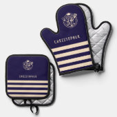 名前をカスタムするキングオブザグリルネイビー 鍋つかみ&鍋敷きセット (正面/裏面)