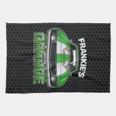 名前をカスタムするクラシックアメリカンマッスルカーガレージ キッチンタオル (横)