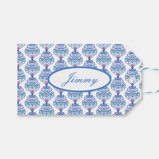 名前をカスタムするクリスマスオーナメント（青） ギフトタグ (正面(横))