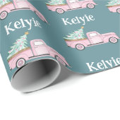 名前をカスタムするクリスマスツリーピンクヴィンテージトラック ラッピングペーパー (ロールコーナー)